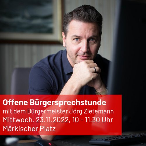 Ankündigung Bürgersprechstunde mit Jörg Zietemann am Schreibtisch