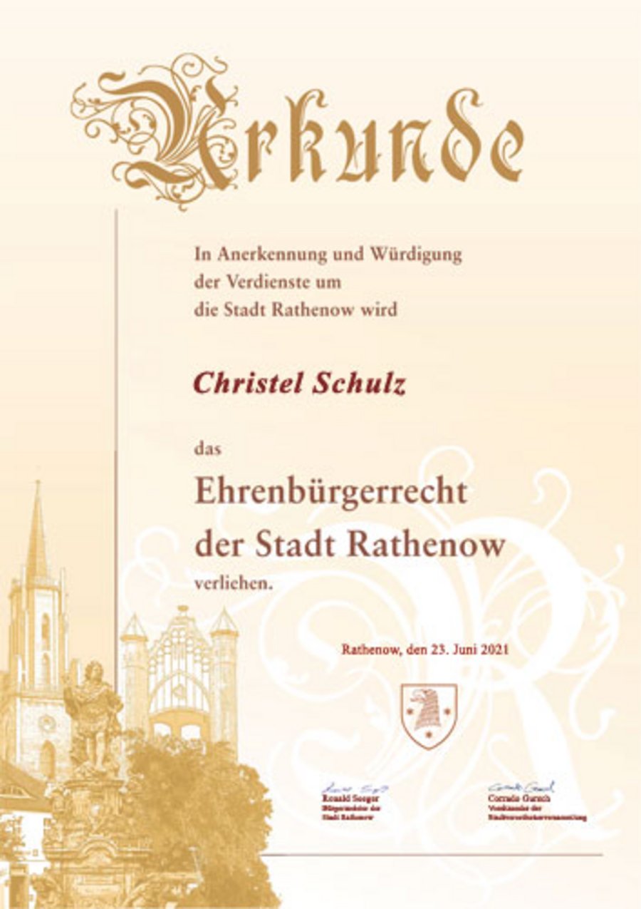 Offizielle Ehrenbürgerurkunde der Stadt Rathenow